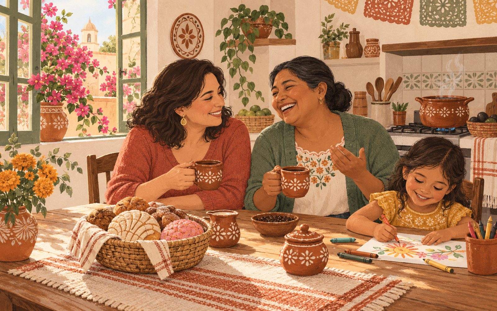 Ilustración: la trabajadora del hogar y la señora de la casa toman café de olla y se ríen juntas en la cocina, mientras una niña dibuja.