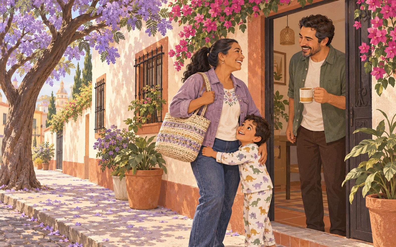 Ilustración: un lunes por la mañana llega la trabajadora del hogar a una casa de la colonia; un niño en pijama corre a abrazarla y el papá la recibe riendo en la puerta.