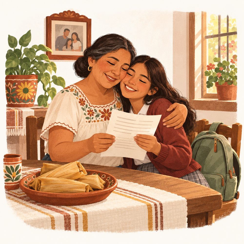 Ilustración: la trabajadora del hogar en su propia casa abraza a su hija, que le enseña su boleta; las dos sonríen orgullosas.