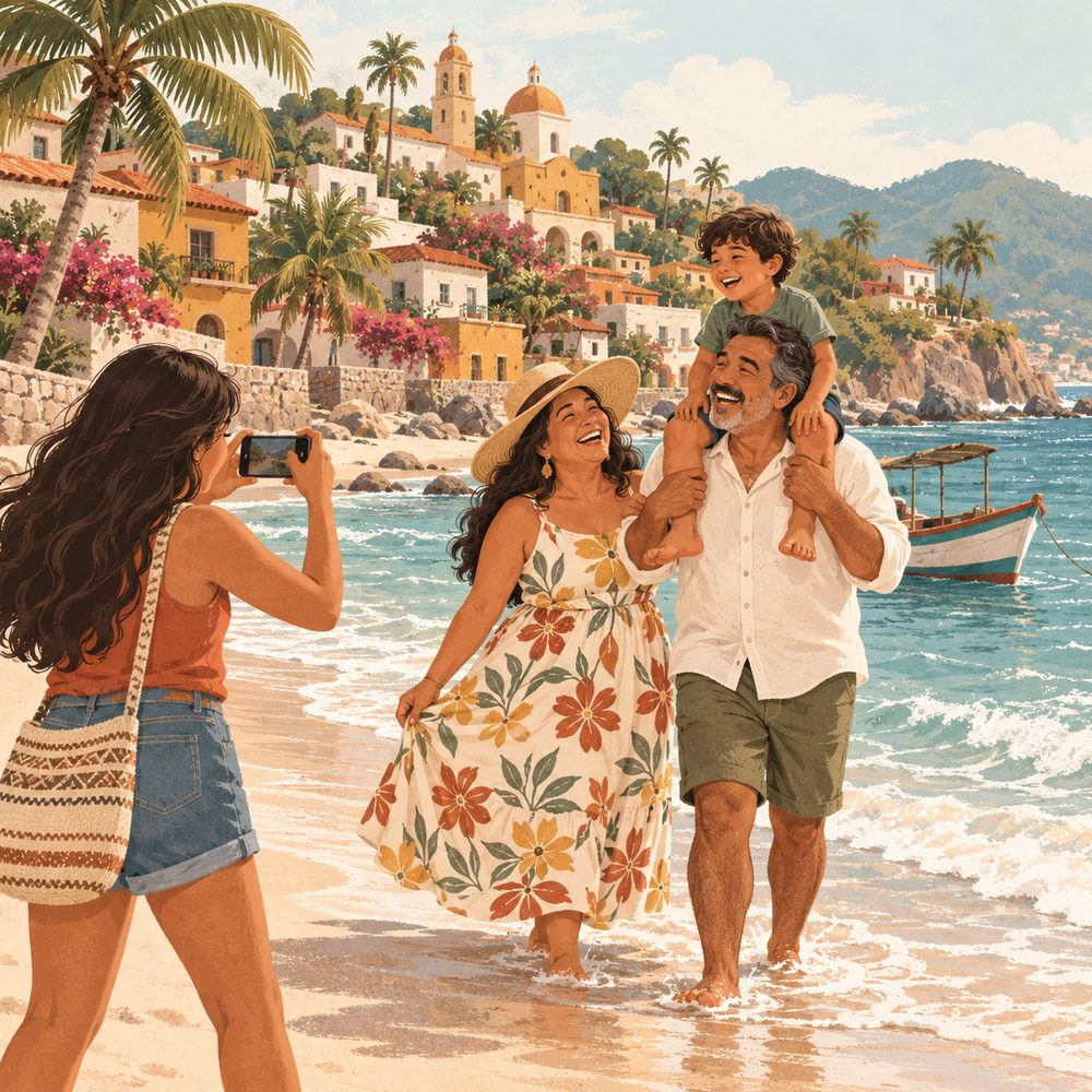 Ilustración: la trabajadora del hogar de vacaciones en la playa con su familia, riendo con los pies en el agua.
